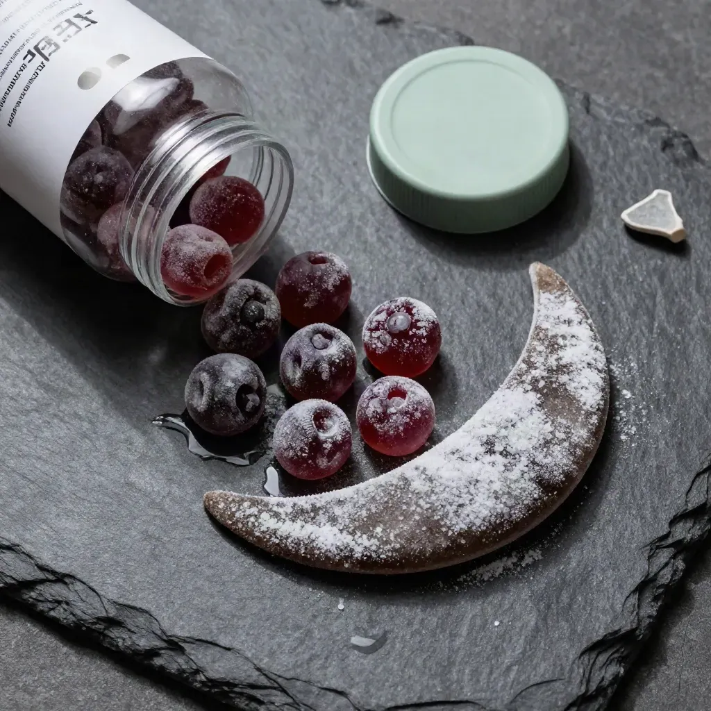 Overhead jar of sleep gummies spilling glossy berry chews in a crescent on wet slate