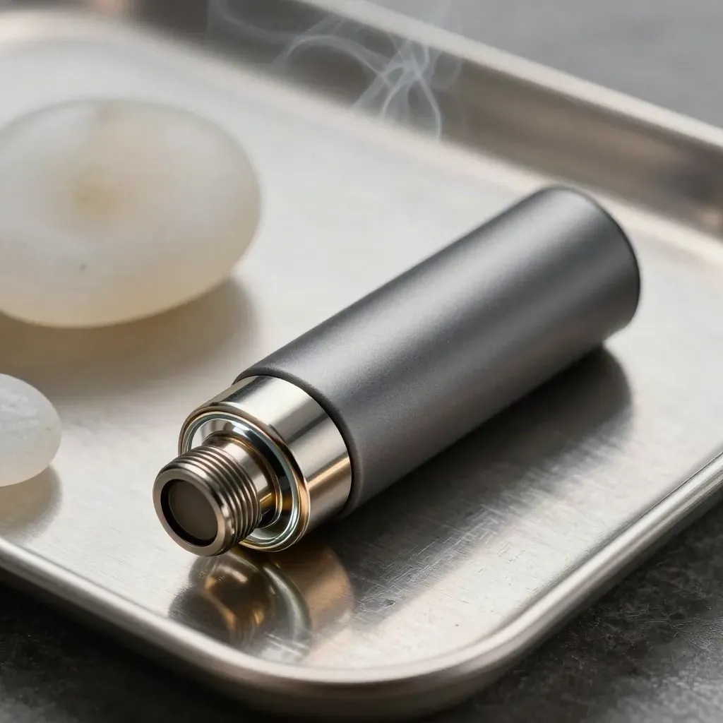 Macro of a slim vape cartridge, battery body, frosted pebble and silver tray on brushed aluminum.