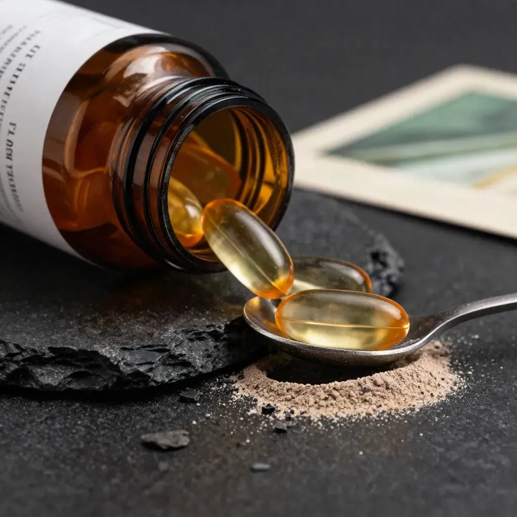 Amber jar of CBD softgels spilling on black basalt with a matte spoon and moody rim light