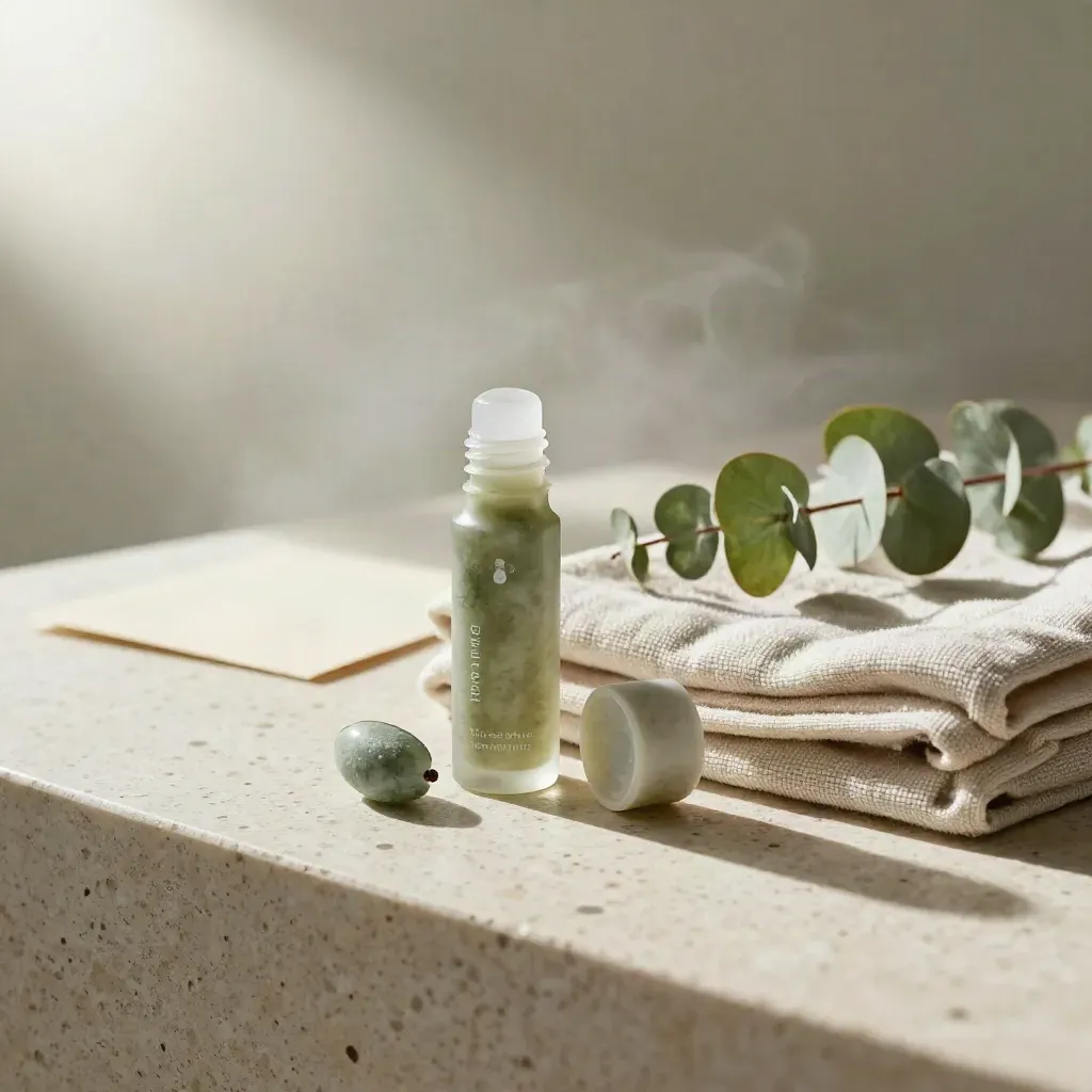 Open topical roll-on bottle with eucalyptus leaves and cloth on travertine