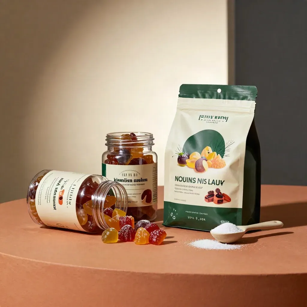 Unbranded gummy variety pack box, three jars, jewel-toned chews and scoop on terracotta studio plinth.