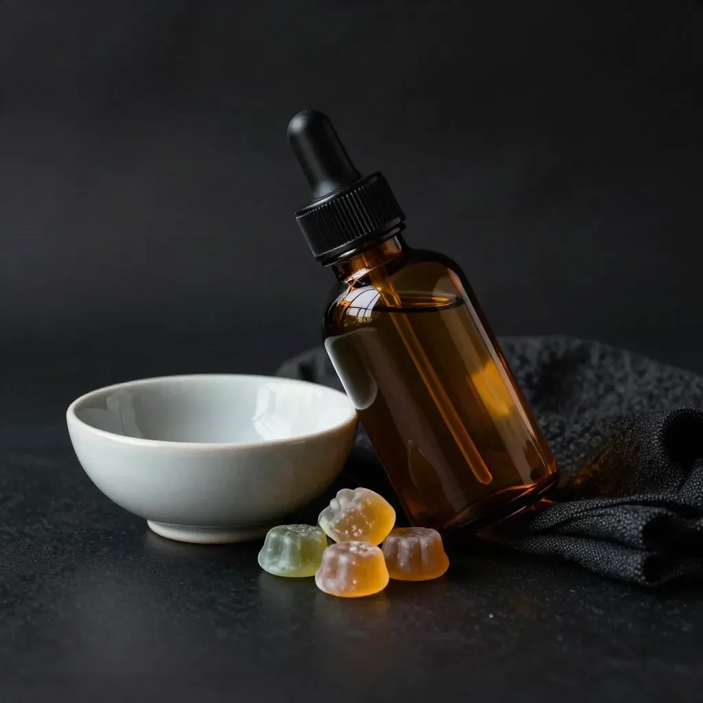 Amber CBD oil bottle and gummy jar beside a ceramic moon bowl on dark cloth, lit dramatically.